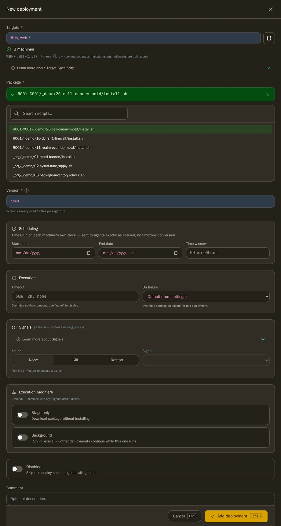 Syncronis deployment editor showing target matching, scheduling, execution and signal options