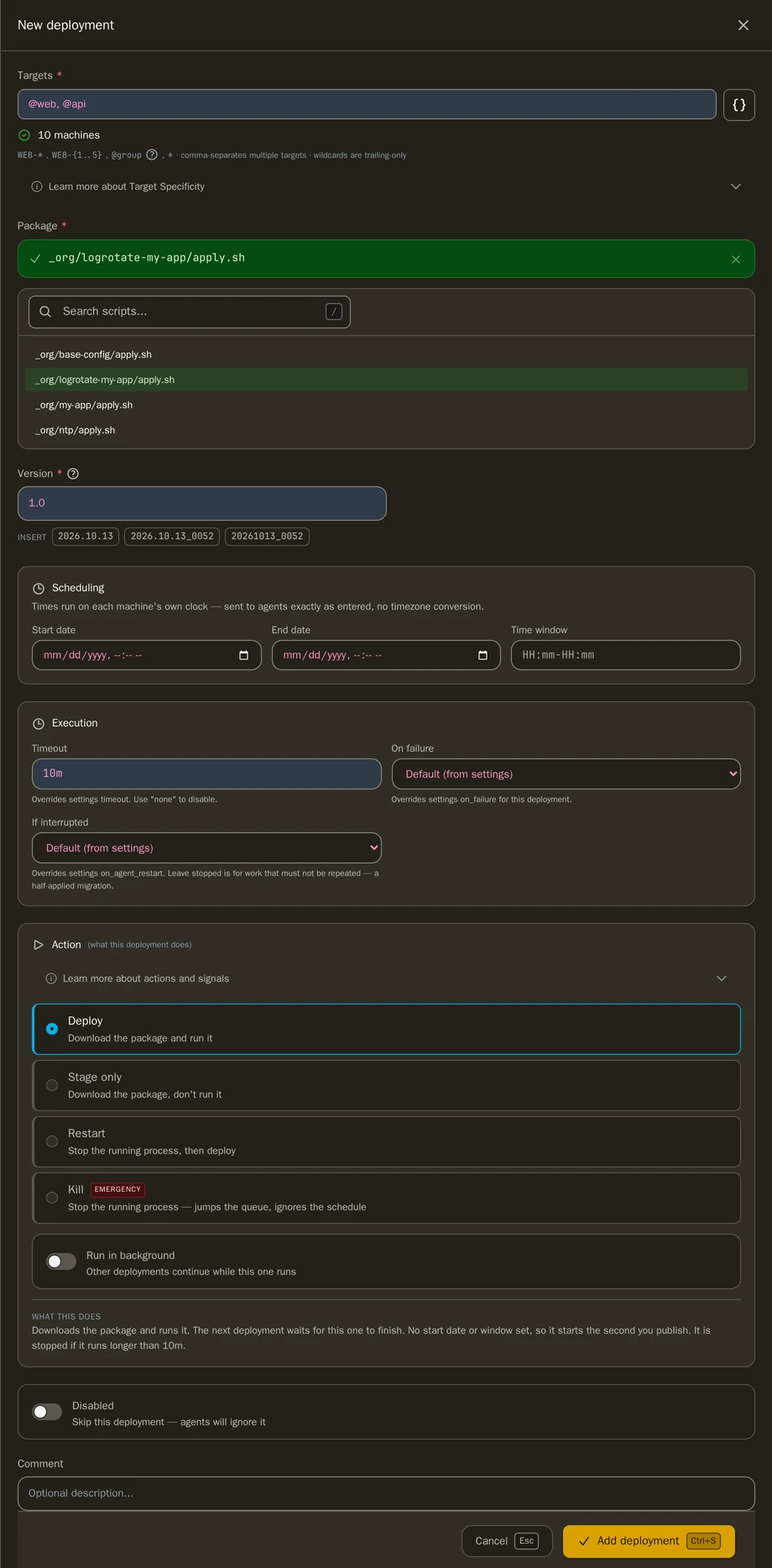 Syncronis deployment editor showing target matching, package selection, scheduling, execution and the action choice