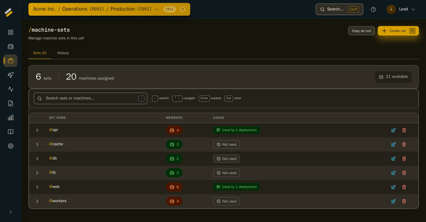 Syncronis machine sets view with named @sets grouping the fleet