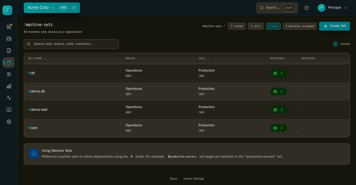 Syncronis machine sets view with named @sets grouping the fleet