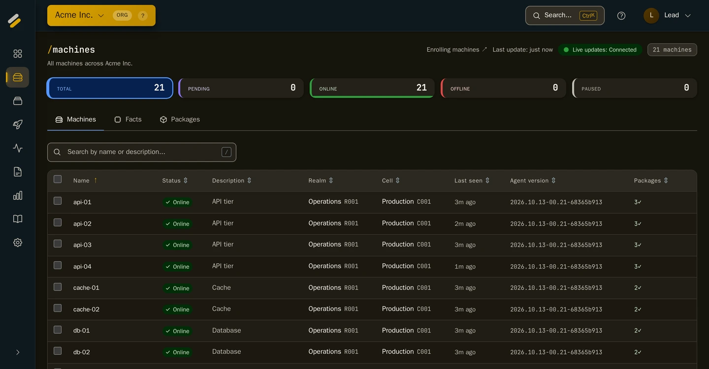 Syncronis console showing the whole fleet — online status, agent version and installed packages, updating live