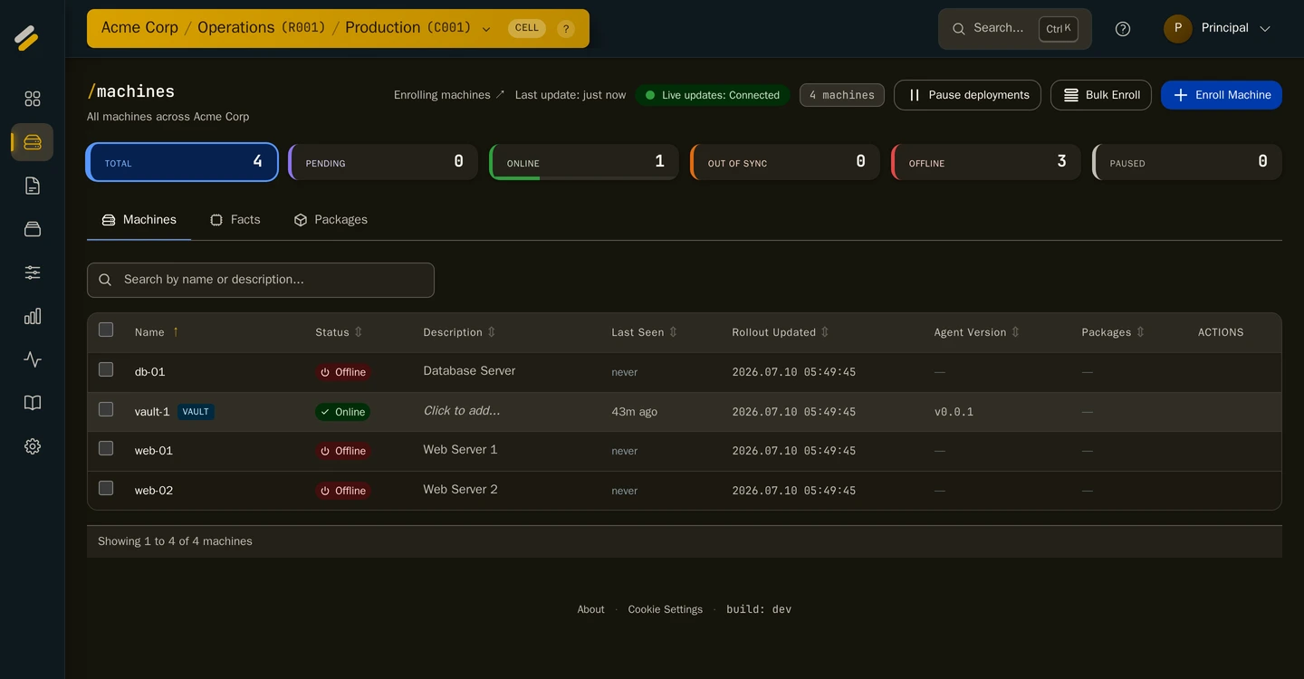Syncronis console showing the whole fleet — online status, agent version and installed packages, updating live