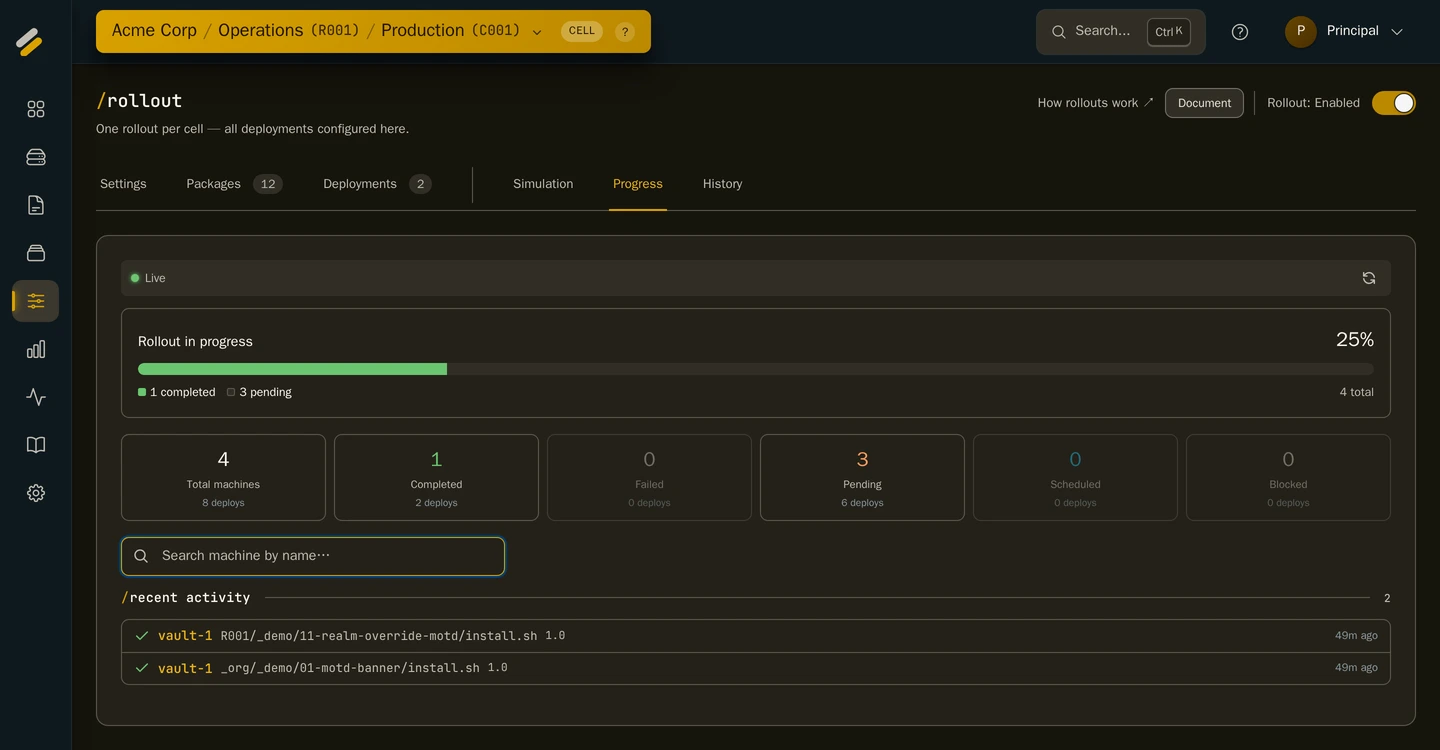 Syncronis rollout progress view showing a rollout in progress with live deploy activity