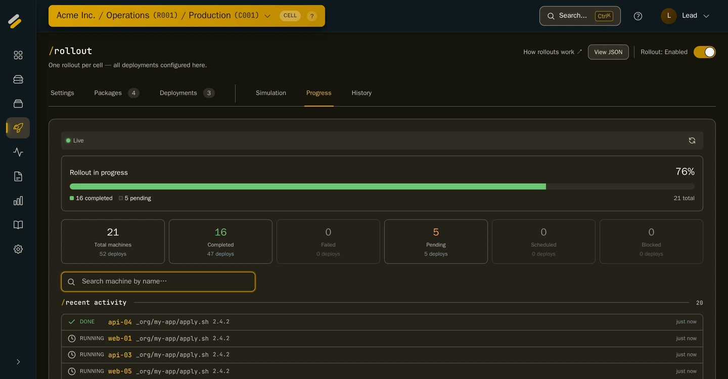 Syncronis rollout progress with live per-machine deploy activity