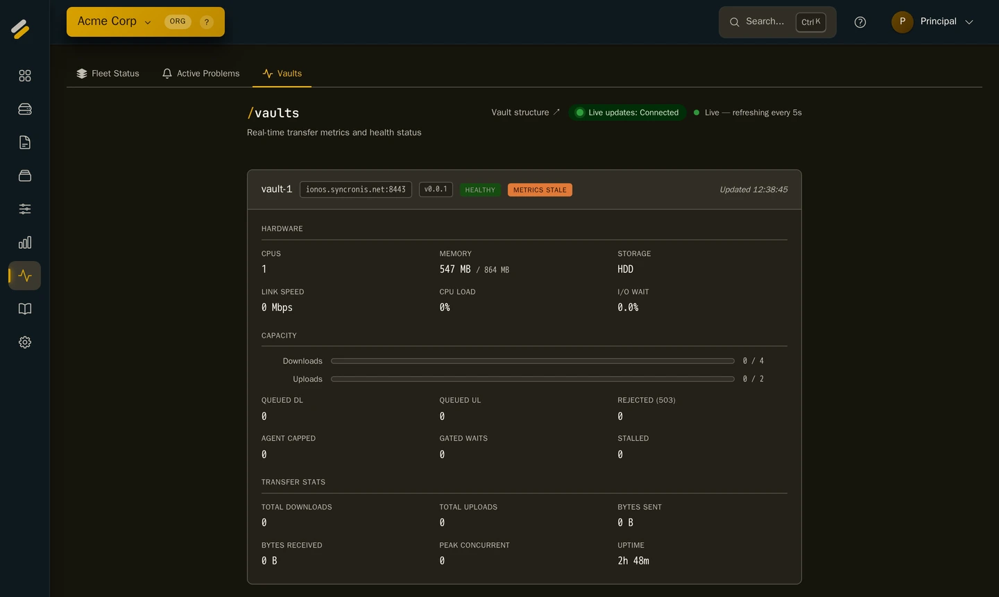 Syncronis vault monitoring showing real-time transfer metrics and hardware health